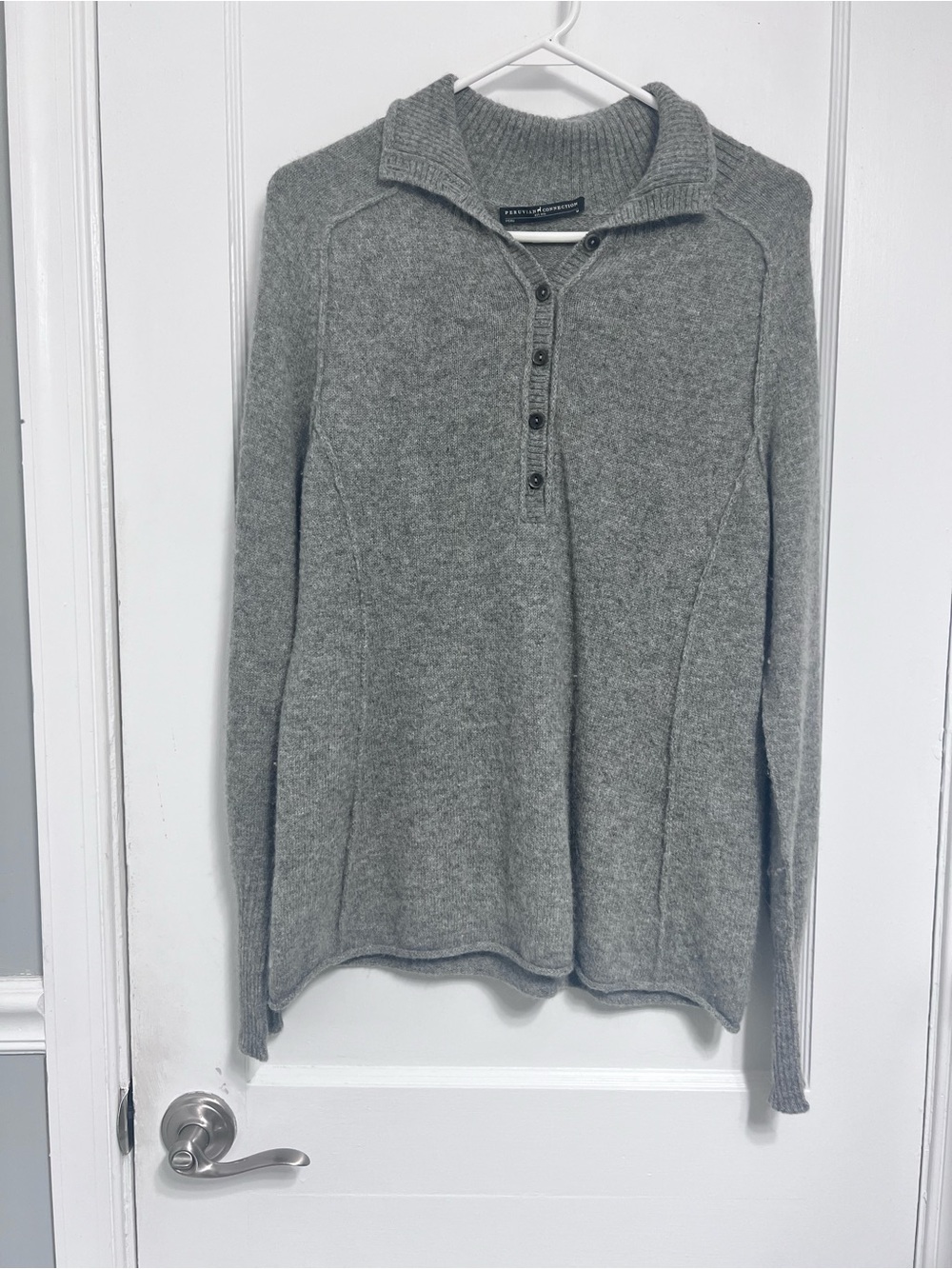 Peruvian Connection 100% Royal Alpaca "Brimfield" Henley Sweater - Pearl Grey